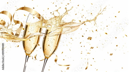 Celebratory champagne toast with sparkling splashes. High-energy image perfect for party invitations and festive promotions. Champagne bubbles and golden ribbons create a lively scene. AI