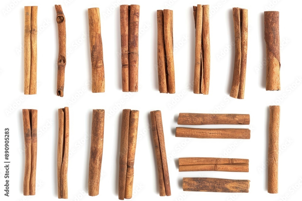 A collection of cinnamon sticks arranged neatly on a white background A collection of cinnamon sticks arranged neatly on a white background