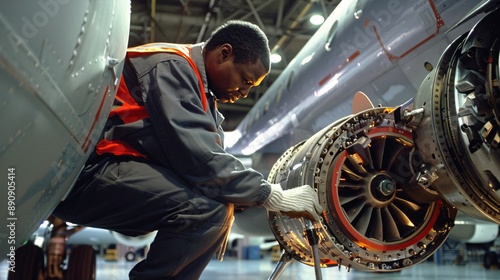 Using specialized equipment, an aircraft mechanic performs a non-destructive test on a critical aircraft component, ensuring its structural integrity. photo