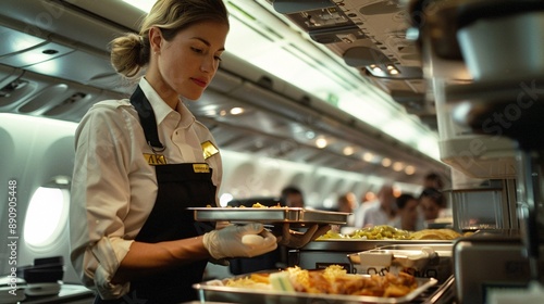 Standing in the galley of an aircraft, an Air Crew Member prepares meal trays, ensuring efficient service for passengers during the flight.