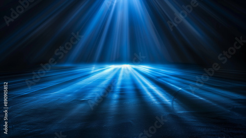 Blue Spotlight: A powerful blue spotlight pierces the darkness, casting a dramatic glow across a textured surface. The rays of light illuminate the center.