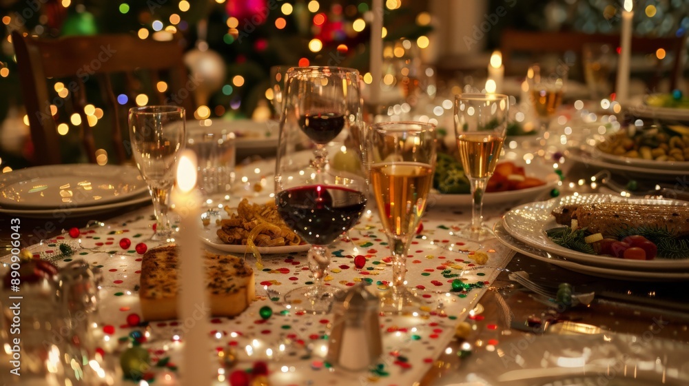Table set for a holiday feast with confetti decorations among the dishes and candles Table set for a holiday feast with confetti decorations among the dishes and candles