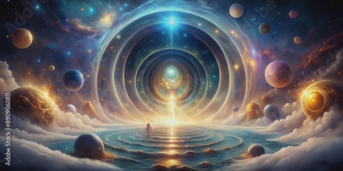Ethereal portal swirls in a mystical vortex, surrounded by glowing orbs, luminescent mist, and celestial bodies, beckoning transcendence to an otherworldly realm.