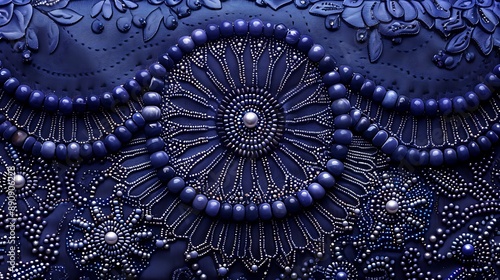 A navy blue clutch with intricate beadwork on a solid lavender background. © NOH
