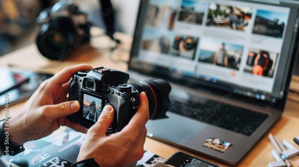 A photographer creating a visually appealing and informative media kit, showcasing their services and portfolio