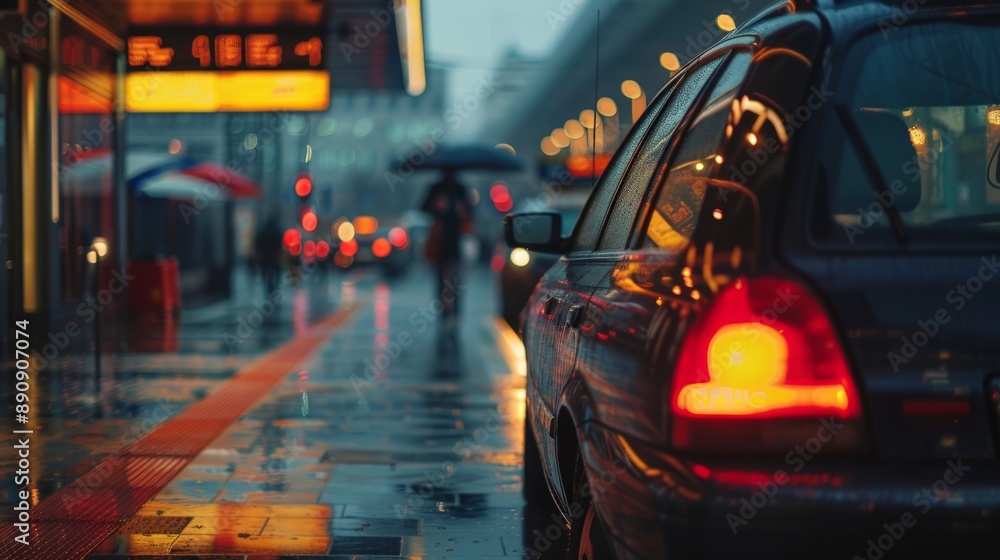 Obraz premium Taxi cab waiting for passengers outside a busy urban train station
