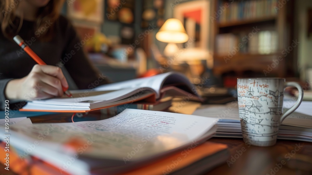Teacher grading papers at a desk with a stack of books and a coffee mug Teacher grading papers at a desk with a stack of books and a coffee mug