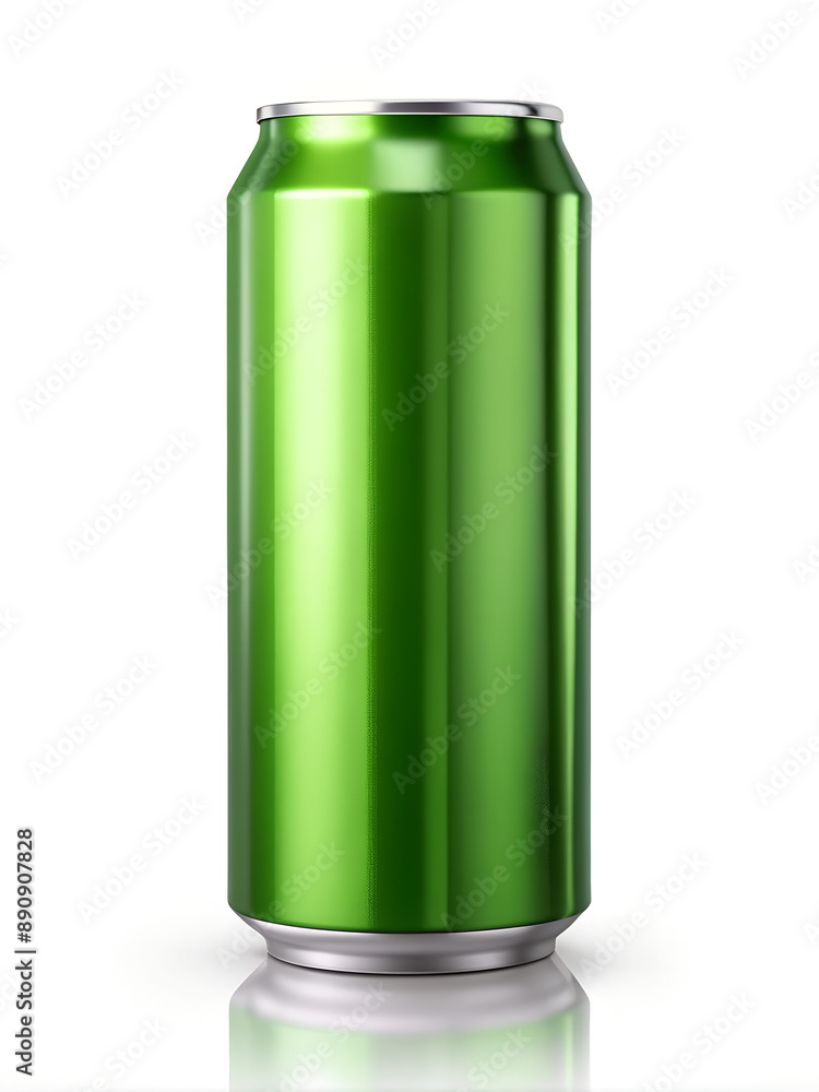 Green aluminum beverage can on white background with reflection Green aluminum beverage can on white background with reflection