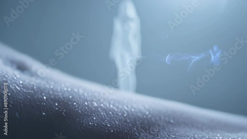 A shiver runs through the body as the camera captures the goosebumps on the skin while a ghostly figure seemingly floats in midair.