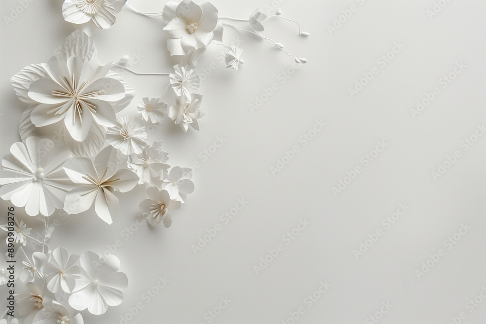 Delicate white flowers in full bloom against a soft white background create a simple yet elegant floral design Delicate white flowers in full bloom against a soft white background create a simple yet elegant floral design