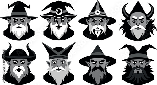 Set of black and white vector avatars featuring wizards and magicians with various distinct hat designs and beards. photo