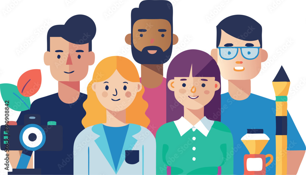 Illustration of a diverse group of creative professionals. Team includes individuals in various creative fields, symbolizing collaboration and innovation. Illustration of a diverse group of creative professionals. Team includes individuals in various creative fields, symbolizing collaboration and innovation.