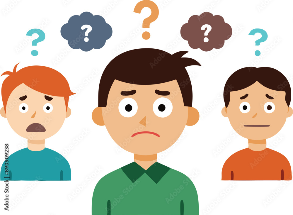 Cartoon vector illustration of three men looking confused and worried with question marks above their heads, depicting confusion and uncertainty. Cartoon vector illustration of three men looking confused and worried with question marks above their heads, depicting confusion and uncertainty.