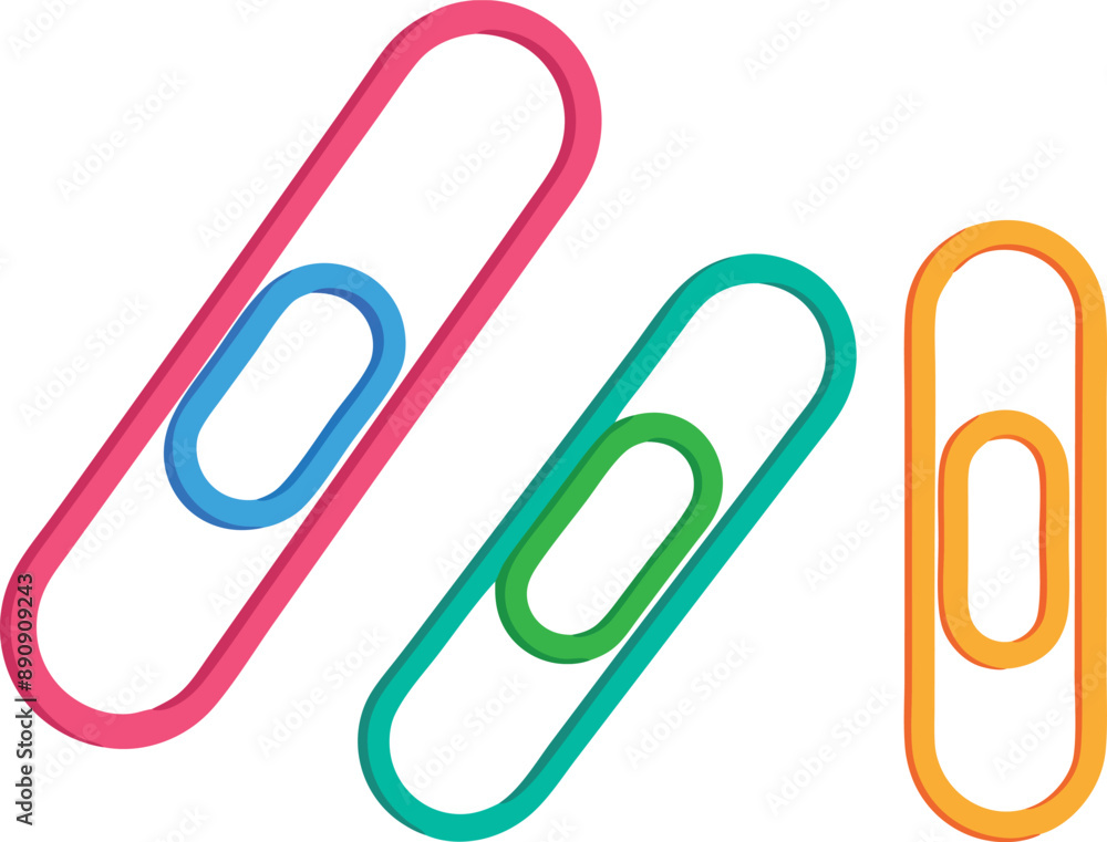Three colorful plastic paperclips arranged vertically, isolated on a white background. Minimalistic and vibrant office supplies with red, blue, green, and yellow colors. Three colorful plastic paperclips arranged vertically, isolated on a white background. Minimalistic and vibrant office supplies with red, blue, green, and yellow colors.