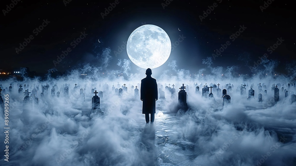 Cemetery Solitude: Lone Figure in Foggy Graveyard Under Full Moon. Cemetery Solitude: Lone Figure in Foggy Graveyard Under Full Moon.