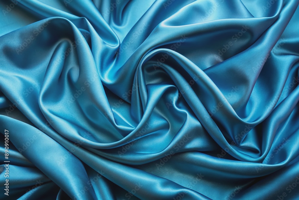 Fototapeta premium Luxurious blue silk fabric with intricate folds and subtle sheen, draped elegantly across a plain background, showcasing its smooth texture and vibrant color tone.