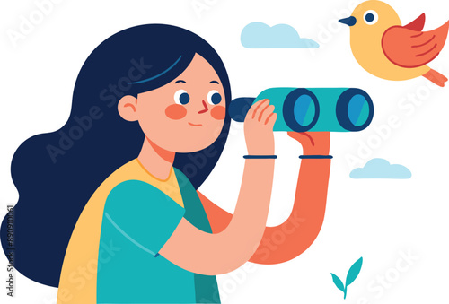 Illustration of a young girl using binoculars to observe a colorful bird flying in the sky.