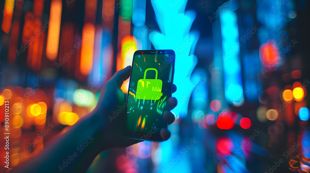 hand holding an android smart phone with lights in the city background. Modern Mobile Communication and Connectivity concept hand holding an android smart phone with lights in the city background. Modern Mobile Communication and Connectivity concept