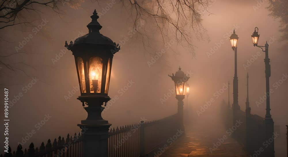 A foggy night adds an eerie element to the old gas lamps making them seem almost haunted 4k animation A foggy night adds an eerie element to the old gas lamps making them seem almost haunted 4k animation