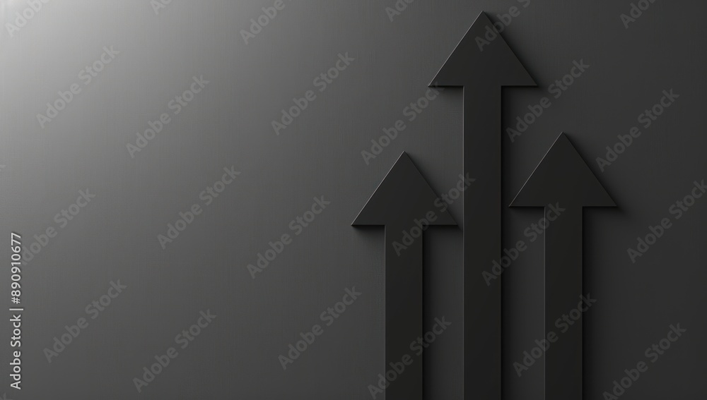 Three Black Upward Arrows on a Gray Background Three Black Upward Arrows on a Gray Background