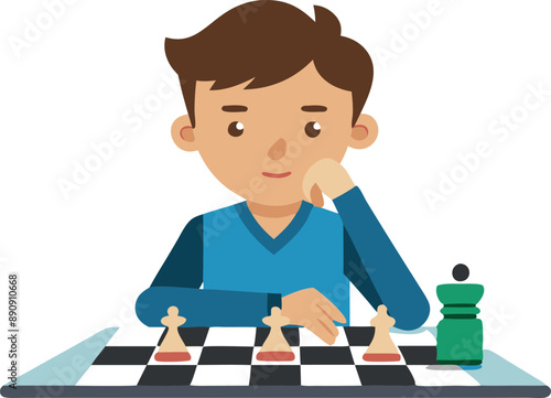 Illustration of a young boy playing chess while thoughtfully considering his next move, emphasizing strategy and concentration.