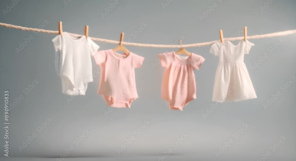 A photo of baby clothes hanging on a line clean and bright suggesting gentle washing 4k animation A photo of baby clothes hanging on a line clean and bright suggesting gentle washing 4k animation