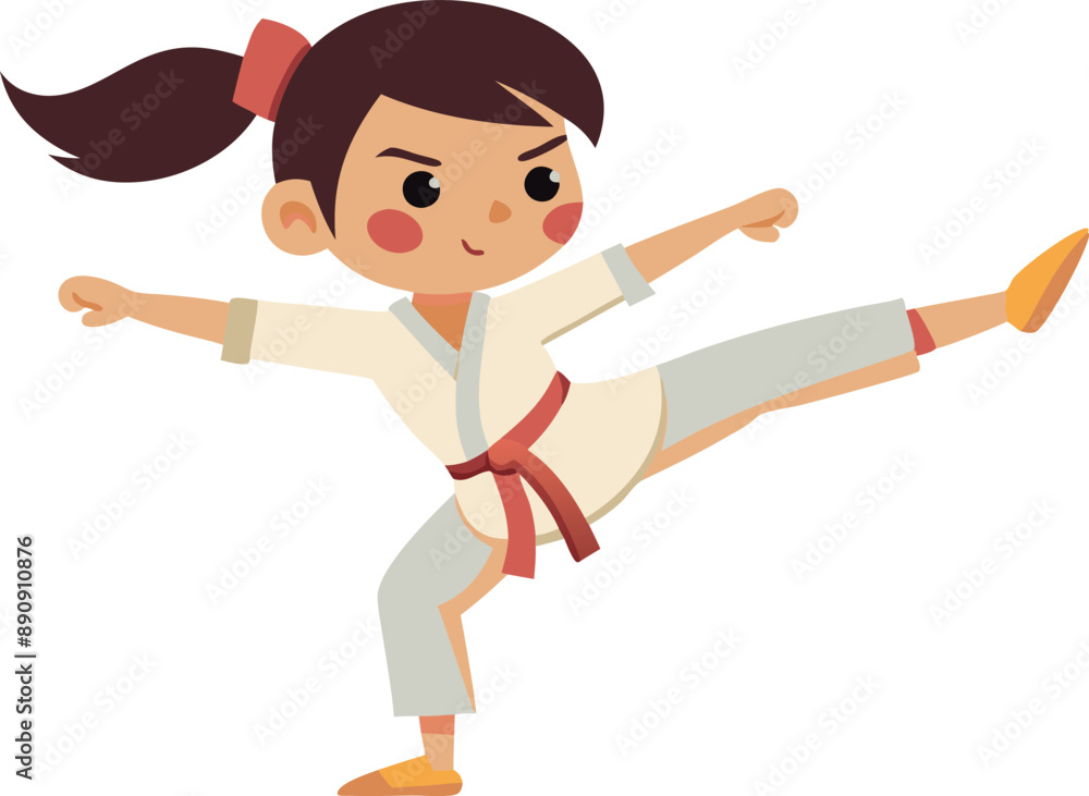 Illustration of a determined young girl performing a karate kick in a traditional martial arts gi with a red belt. Illustration of a determined young girl performing a karate kick in a traditional martial arts gi with a red belt.