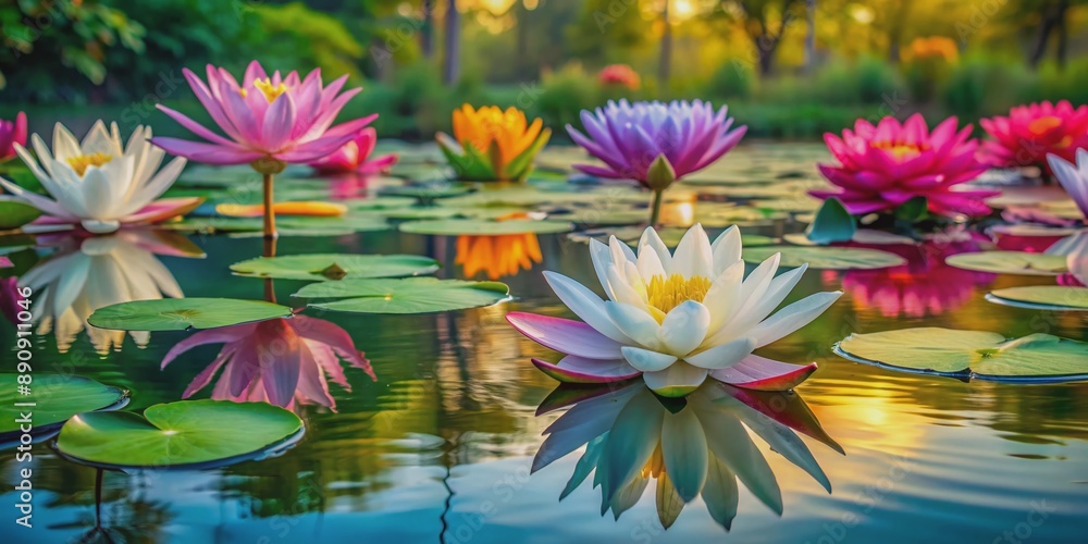 Serene and vibrant lotus water lily blooms float on a tranquil pond's glassy surface, exuding peacefulness and inspiration in a kaleidoscope of colors. Serene and vibrant lotus water lily blooms float on a tranquil pond's glassy surface, exuding peacefulness and inspiration in a kaleidoscope of colors.
