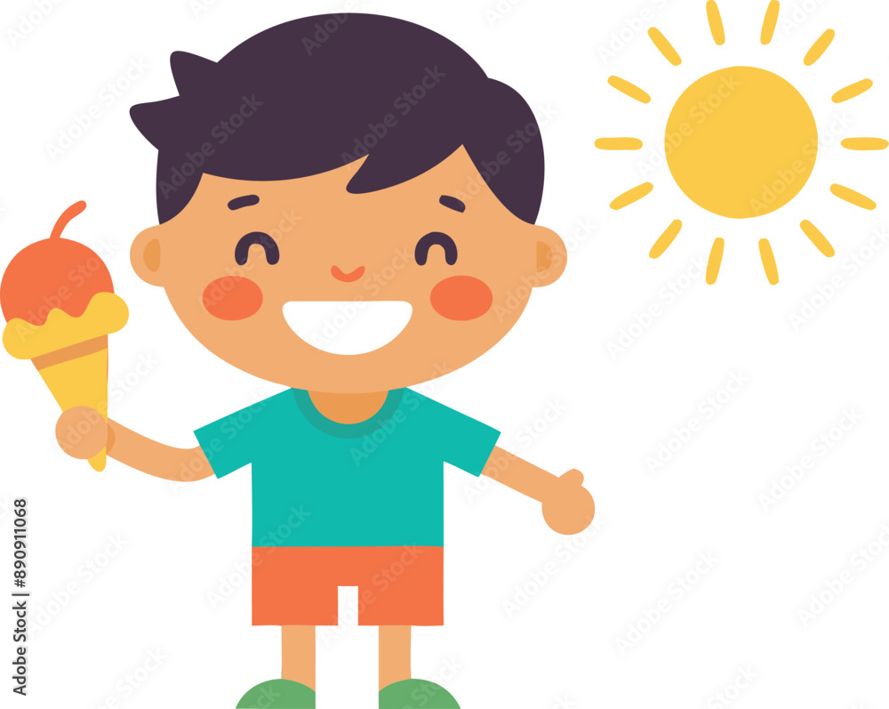 Happy child holding an ice cream cone while smiling under the bright sun, representing joy and summer fun Happy child holding an ice cream cone while smiling under the bright sun, representing joy and summer fun