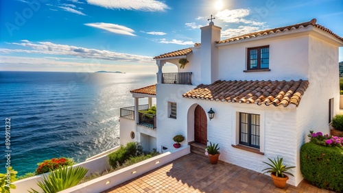 Luxury Mediterranean style villa on a cliff overlooking the beautiful blue sea.