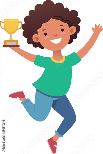 Happy child jubilantly holding a trophy, celebrating victory and success while jumping in the air