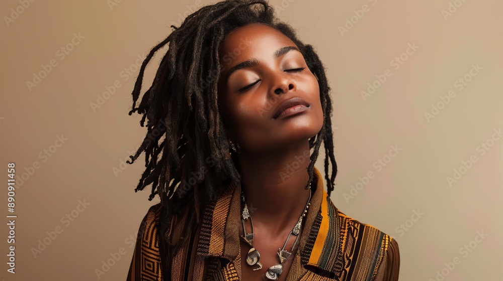 A person with dark dreadlocks wears a patterned outfit adorned with unique jewelry, presenting a stylish and artistic appearance against a neutral background. A person with dark dreadlocks wears a patterned outfit adorned with unique jewelry, presenting a stylish and artistic appearance against a neutral background.