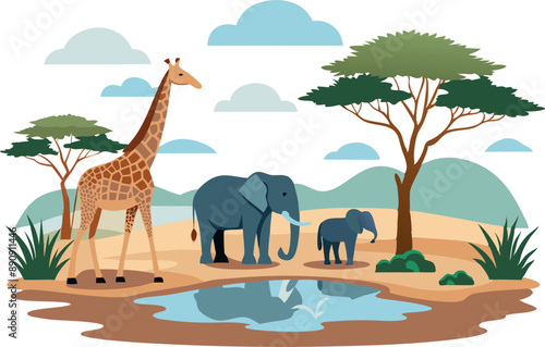 Illustration of a giraffe and two elephants standing by a waterhole in the African savannah, surrounded by acacia trees and mountains.