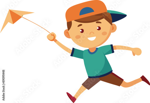 Cheerful young boy wearing a cap and running with a paper airplane, smiling and having fun. Isolated on a white background.