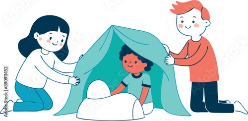 Children playing indoors, building a fort with a blanket and pillows. Creative playtime and friendship in a cozy setting.