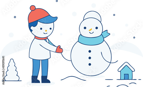 Cheerful illustration of a child building a snowman during winter. The child is wearing a warm hat and gloves, warmly dressed for the cold season.