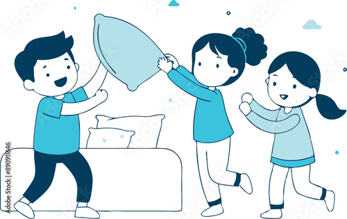 Three happy children enjoying a pillow fight on a bed. Fun, playful and lively illustration of kids' activities and joyful moments.