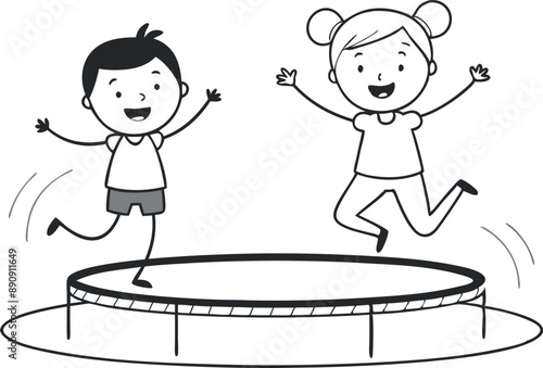 Happy children jumping on a trampoline in a playful black and white cartoon illustration.