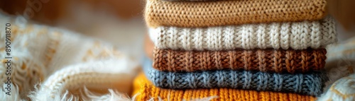 Stack of colorful knitted fabric with soft texture.