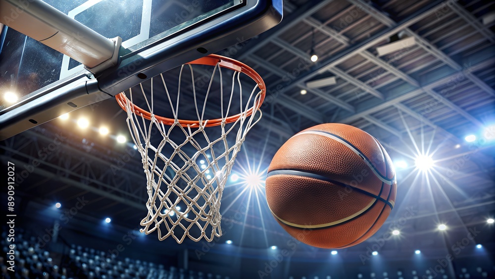 Basketball flying towards hoop in arena full of fans Basketball flying towards hoop in arena full of fans