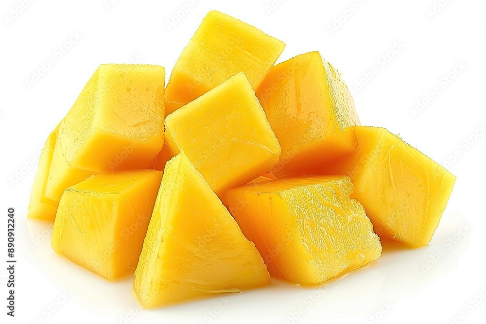 A Pile of Bright Yellow Mango Cubes Freshly Cut and Glistening A Pile of Bright Yellow Mango Cubes Freshly Cut and Glistening
