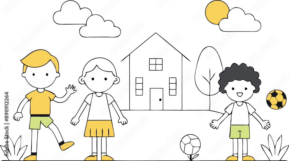 Vector illustration of three children playing soccer outside a house on a sunny day. Creative line art depicting happy childhood moments. Vector illustration of three children playing soccer outside a house on a sunny day. Creative line art depicting happy childhood moments.