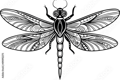 Beautiful black and white dragonfly illustration with intricate patterns on wings and body. Perfect for coloring books, tattoo designs, or art projects.
