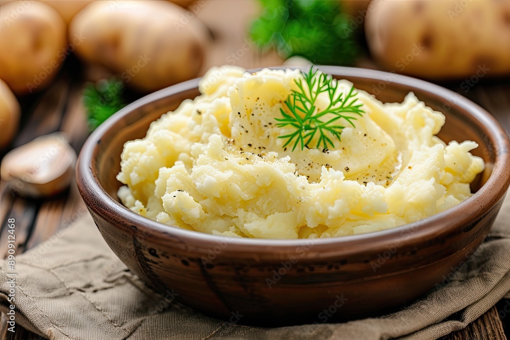 A Rustic Bowl of Creamy Mashed Potatoes Topped with Fresh Dill and Peppercorns A Rustic Bowl of Creamy Mashed Potatoes Topped with Fresh Dill and Peppercorns