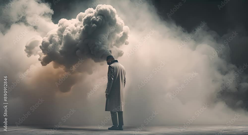 Headless person with a cloud of smoke in place of the head 4k animation Headless person with a cloud of smoke in place of the head 4k animation