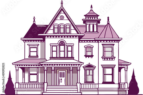 Elegant vector illustration of a classic Victorian mansion exhibiting intricate architectural details and a symmetrical design.