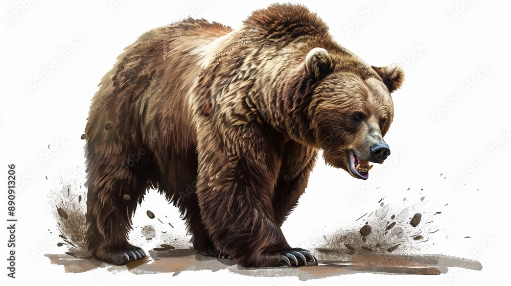 Obraz premium A powerful and majestic grizzly bear depicted in a dominating pose, showcasing its strength and presence on a grassy patch, symbolizing wilderness and vitality.