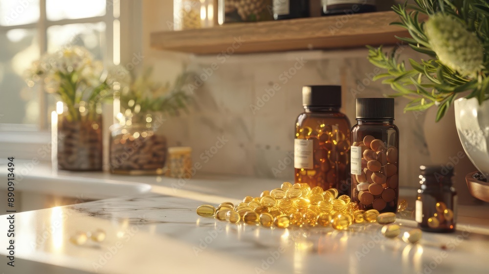 Two glass bottles of golden pills on a kitchen counter with scattered pills, flowers and a window in the background. Two glass bottles of golden pills on a kitchen counter with scattered pills, flowers and a window in the background.