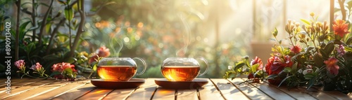 Two cups of tea on a wooden table with a garden in the background.