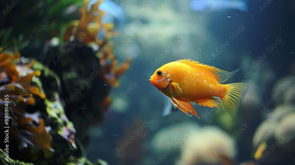 A striking image of a singular golden fish swimming alone in a serene, vibrant underwater world filled with mesmerizing flora, epitomizing peace and the beauty of nature. A striking image of a singular golden fish swimming alone in a serene, vibrant underwater world filled with mesmerizing flora, epitomizing peace and the beauty of nature.